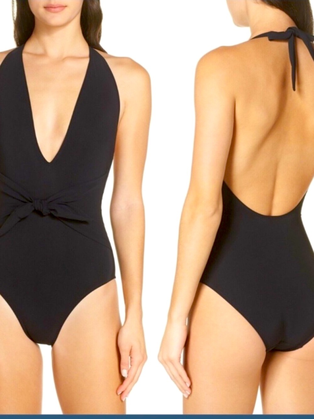 Like New Tory Burch Tie Front Black Open Back Halter One-Piece Swimsuit Small
